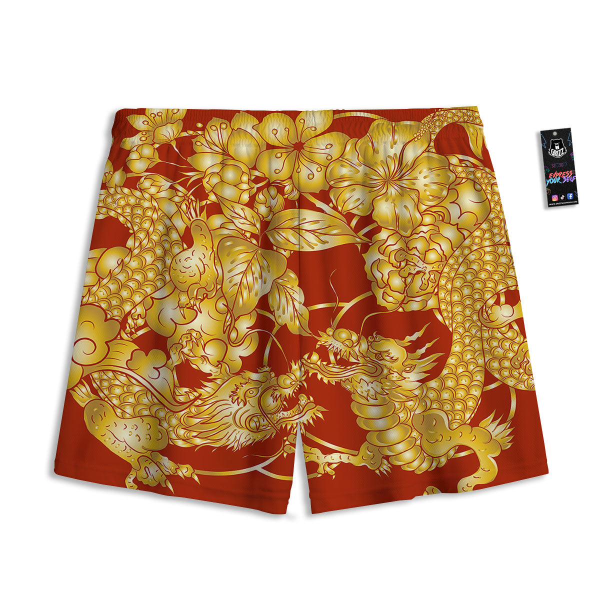 Japanese Dragon Orange Print Mesh Shorts