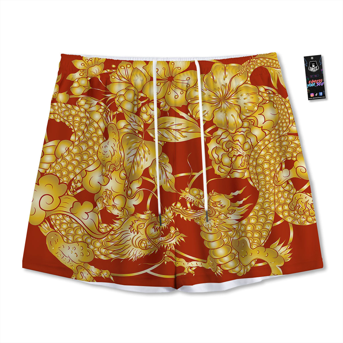 Japanese Dragon Orange Print Mesh Shorts