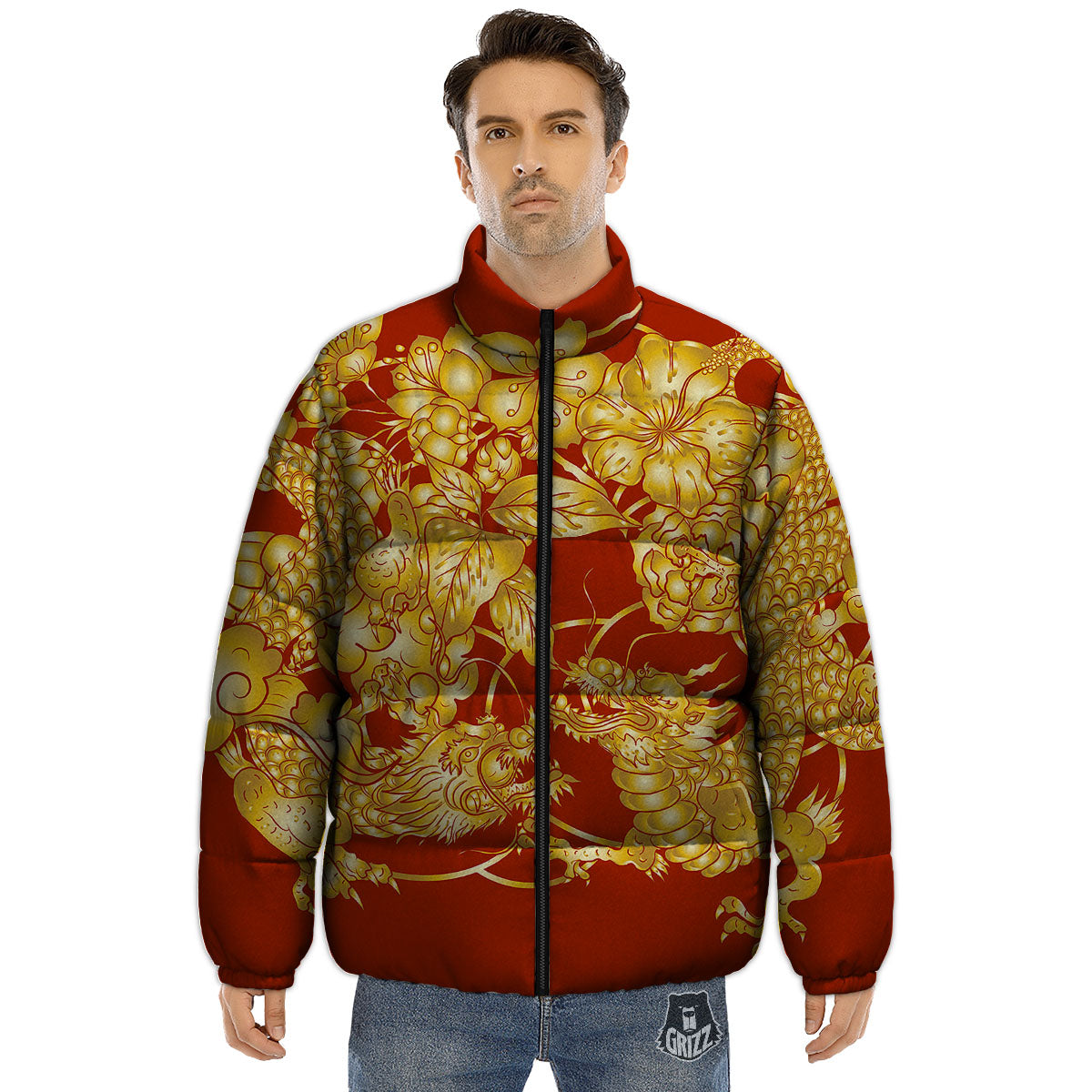 Japanese Dragon Orange Print Puffer Jacket-grizzshop