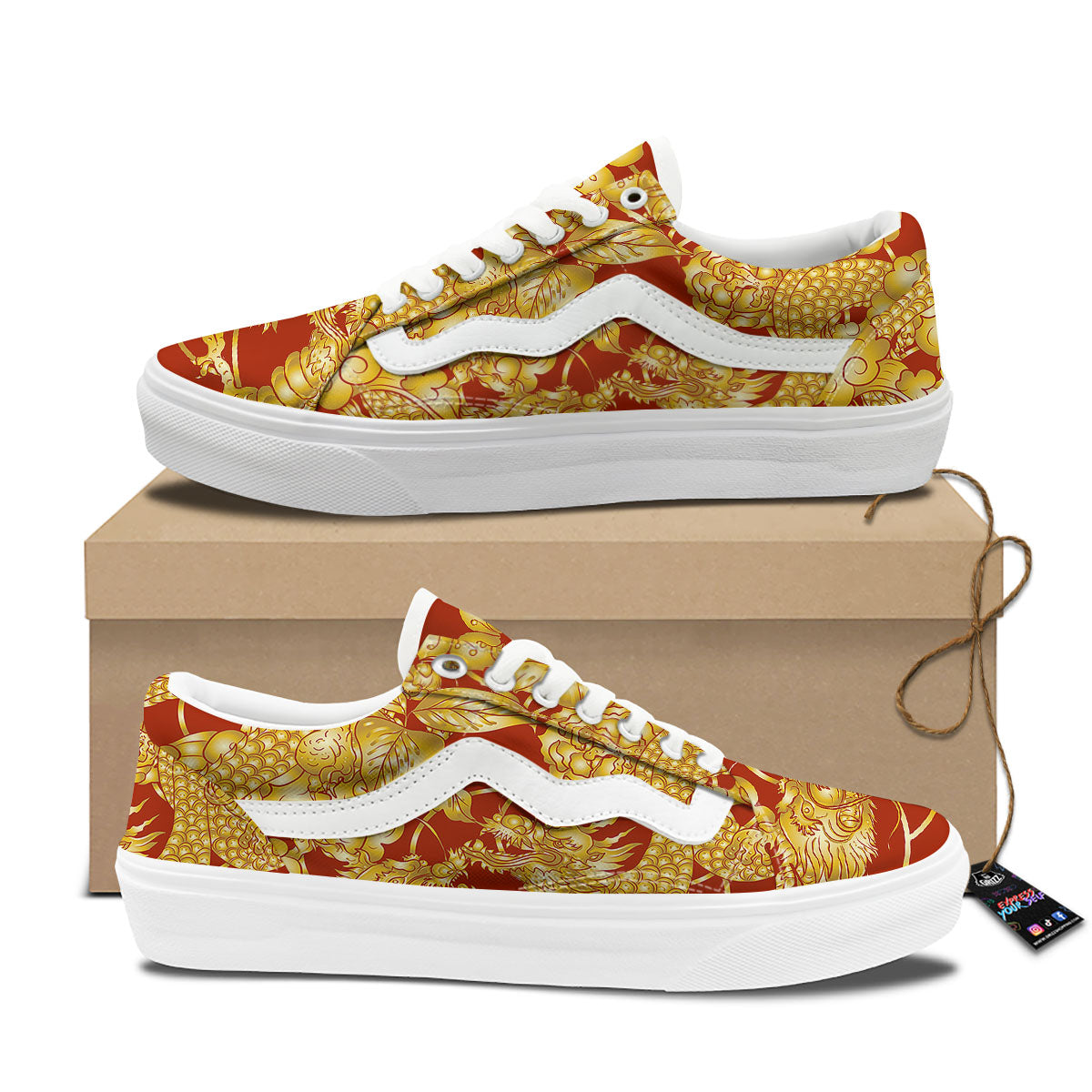 Japanese Dragon Orange Print Skate Shoes-grizzshop