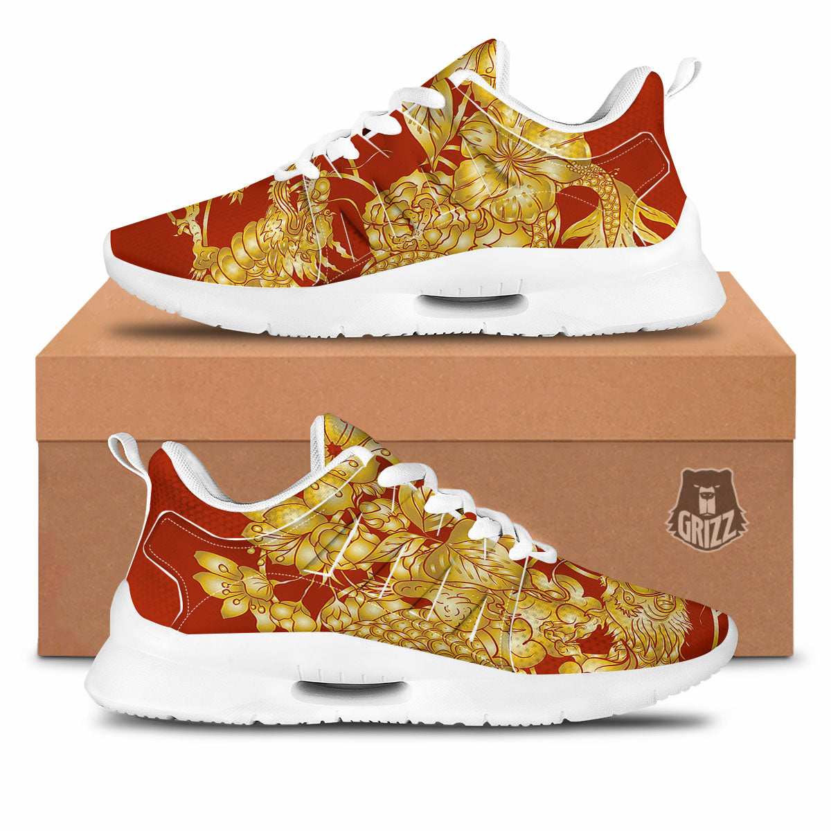 Japanese Dragon Orange Print Tennis Shoes