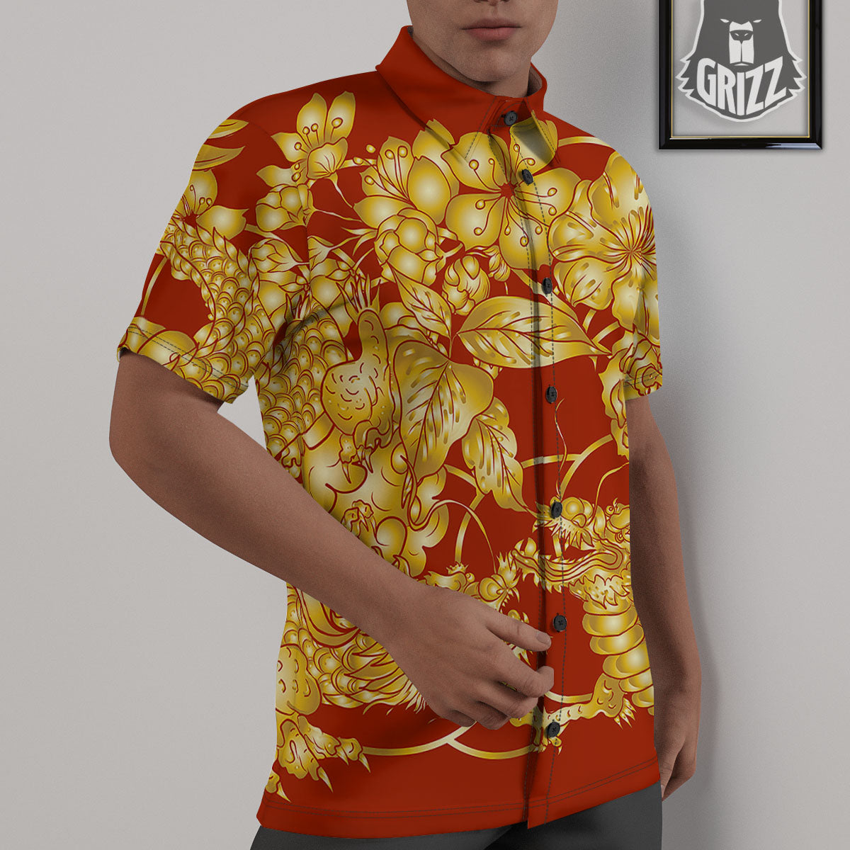Japanese Dragon Orange Print Untucked Shirts-grizzshop