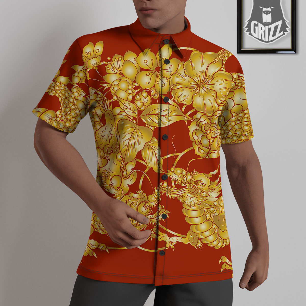 Japanese Dragon Orange Print Untucked Shirts-grizzshop