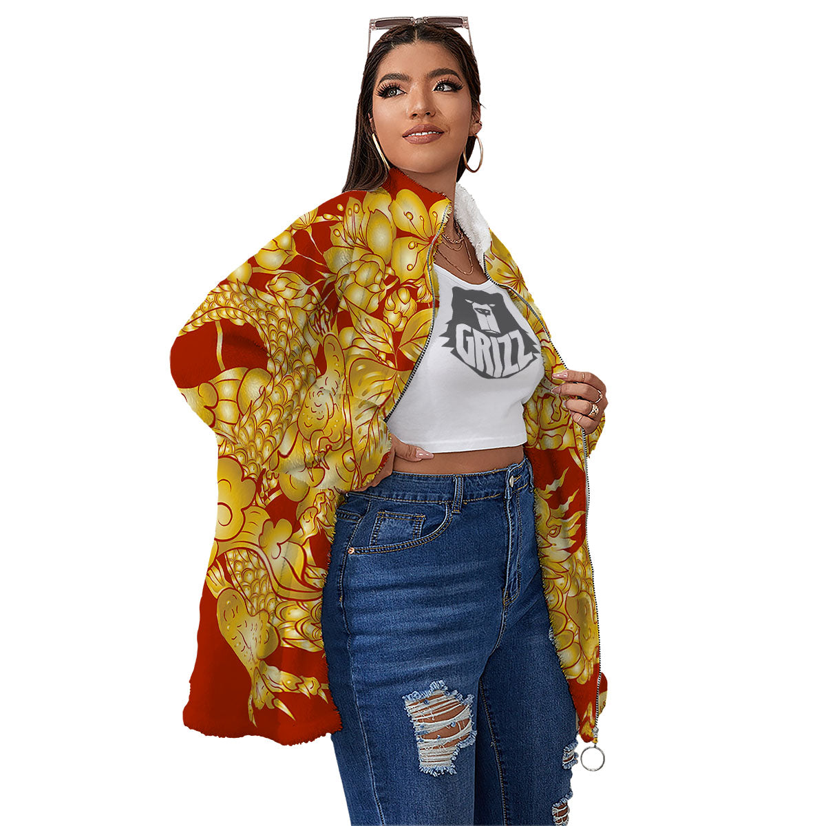 Japanese Dragon Orange Print Women's Sherpa Jacket-grizzshop