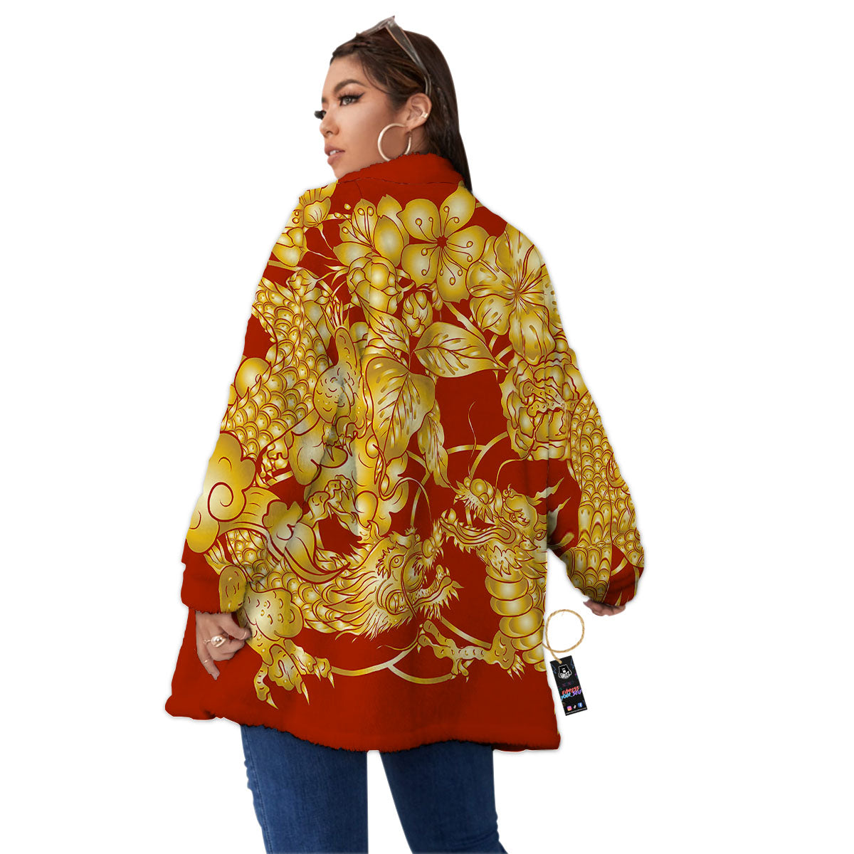 Japanese Dragon Orange Print Women's Sherpa Jacket-grizzshop