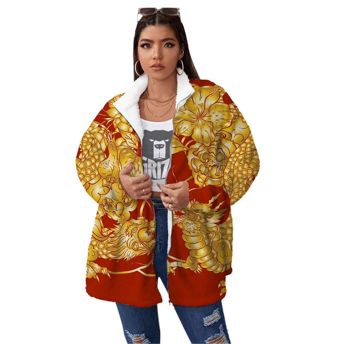 Japanese Dragon Orange Print Women's Sherpa Jacket-grizzshop