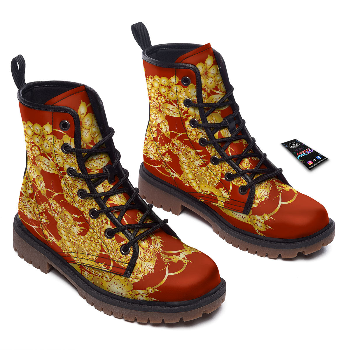Japanese Dragon Orange Print Work Boots-grizzshop