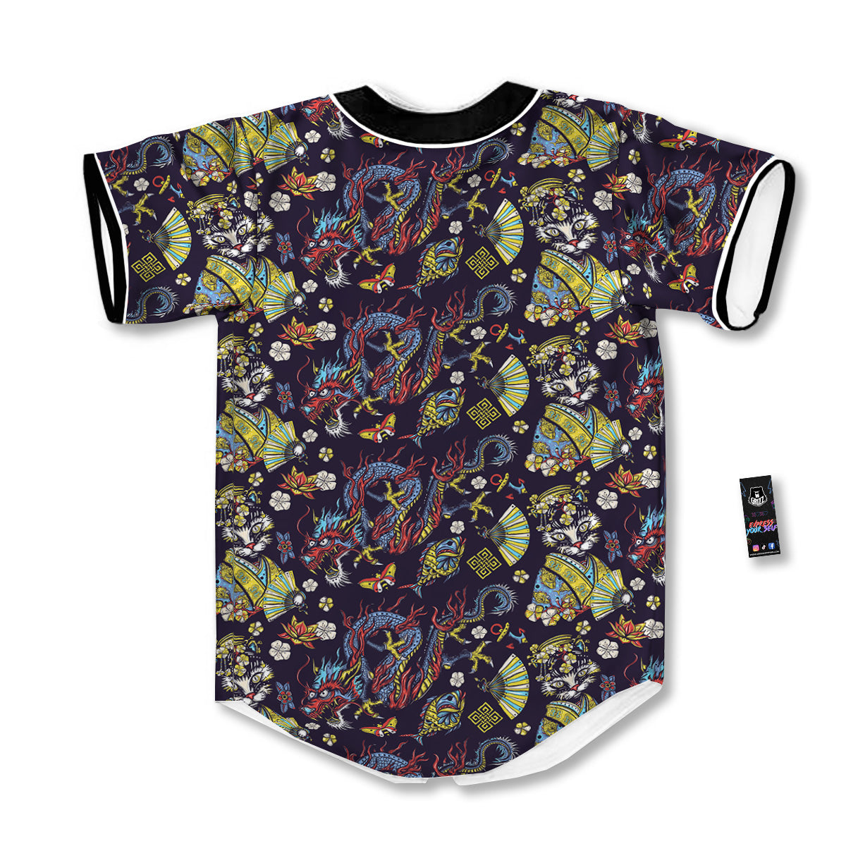 Japanese Dragons And Cat Tattoo Print Pattern Baseball Jersey-grizzshop