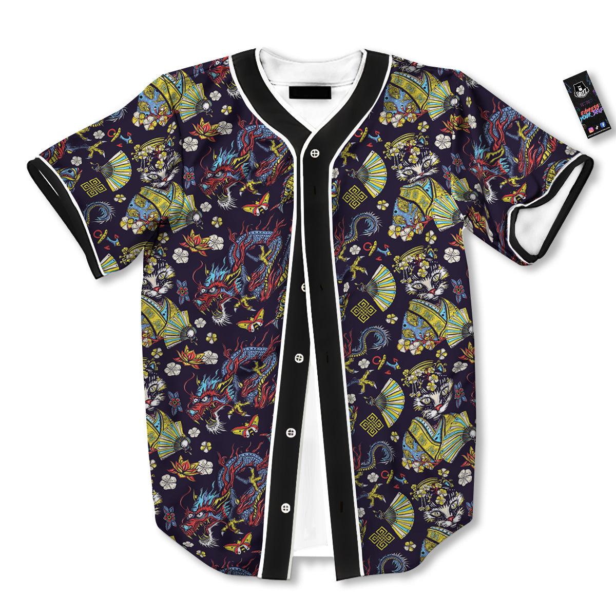 Japanese Dragons And Cat Tattoo Print Pattern Baseball Jersey-grizzshop