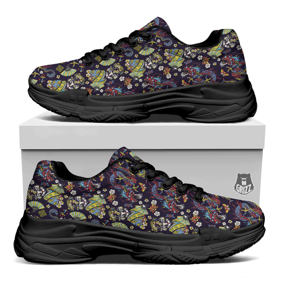 Japanese Dragons And Cat Tattoo Print Pattern Black Chunky Shoes-grizzshop