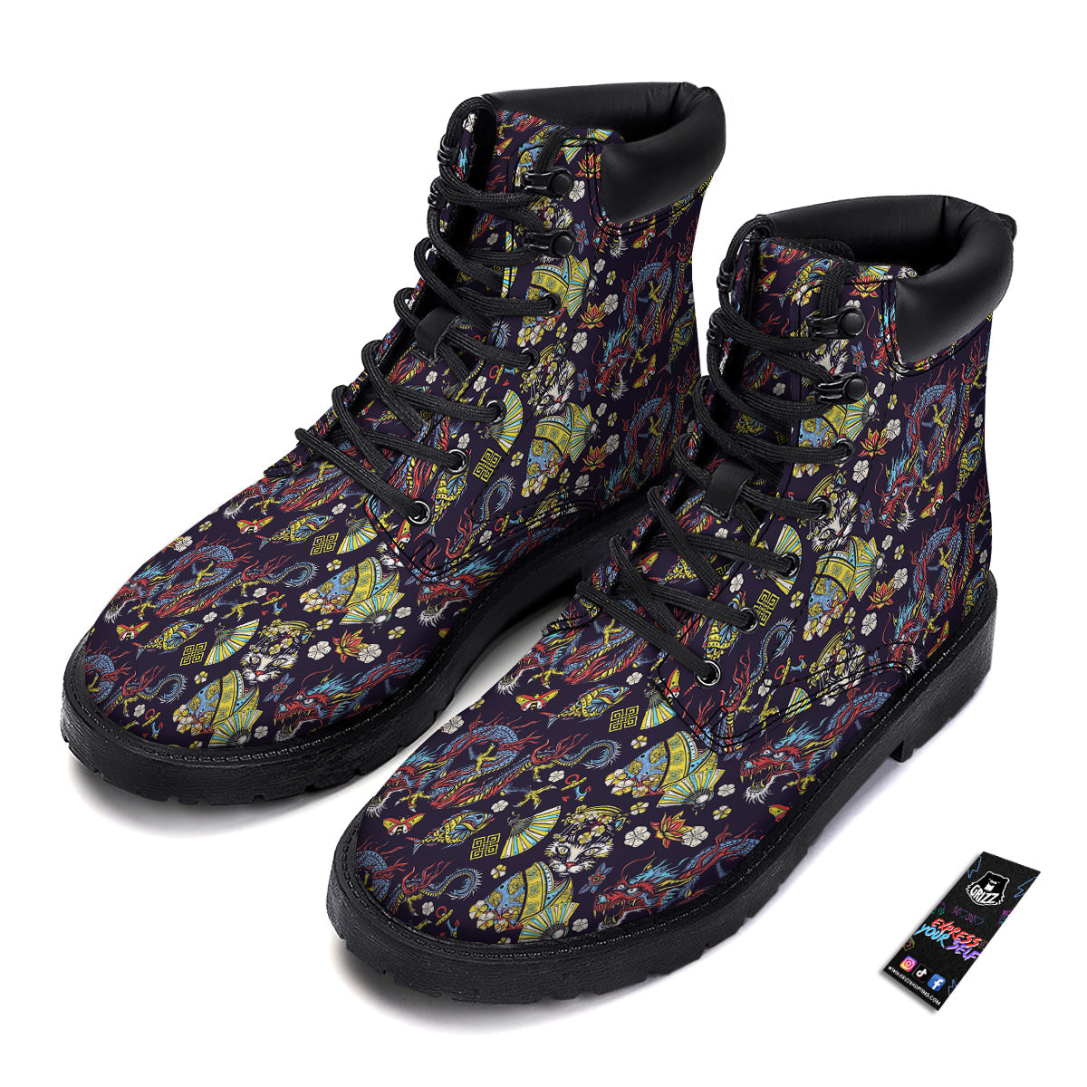 Japanese Dragons And Cat Tattoo Print Pattern Boots-grizzshop