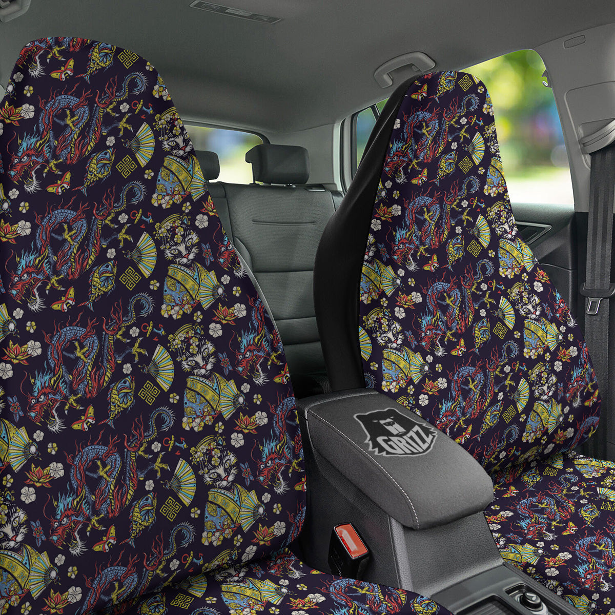 Japanese Dragons And Cat Tattoo Print Pattern Car Seat Covers-grizzshop