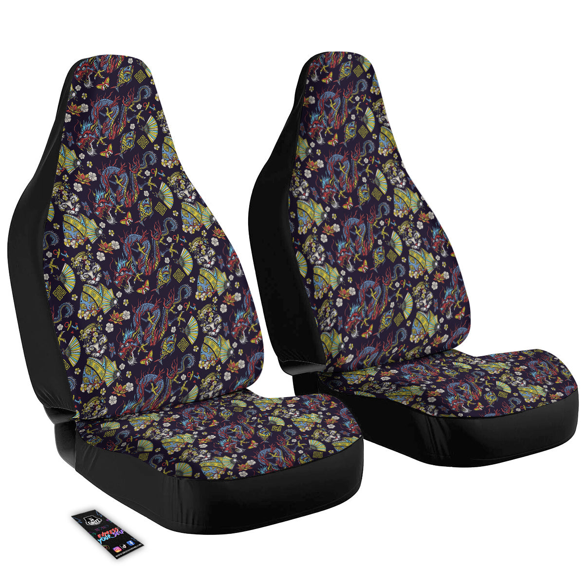 Japanese Dragons And Cat Tattoo Print Pattern Car Seat Covers-grizzshop