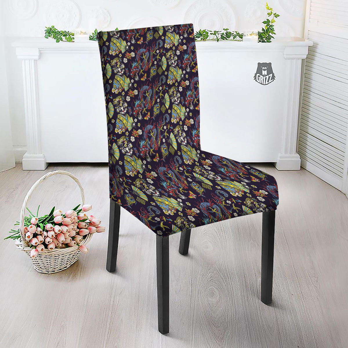 Japanese Dragons And Cat Tattoo Print Pattern Dining Chair Slipcover-grizzshop