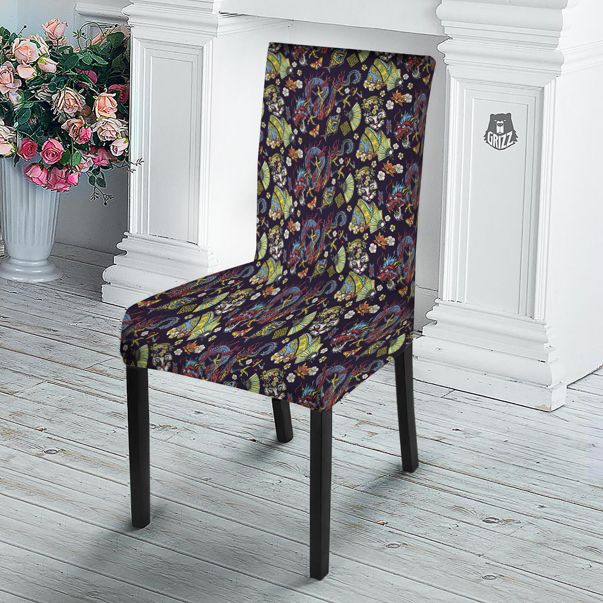 Japanese Dragons And Cat Tattoo Print Pattern Dining Chair Slipcover-grizzshop