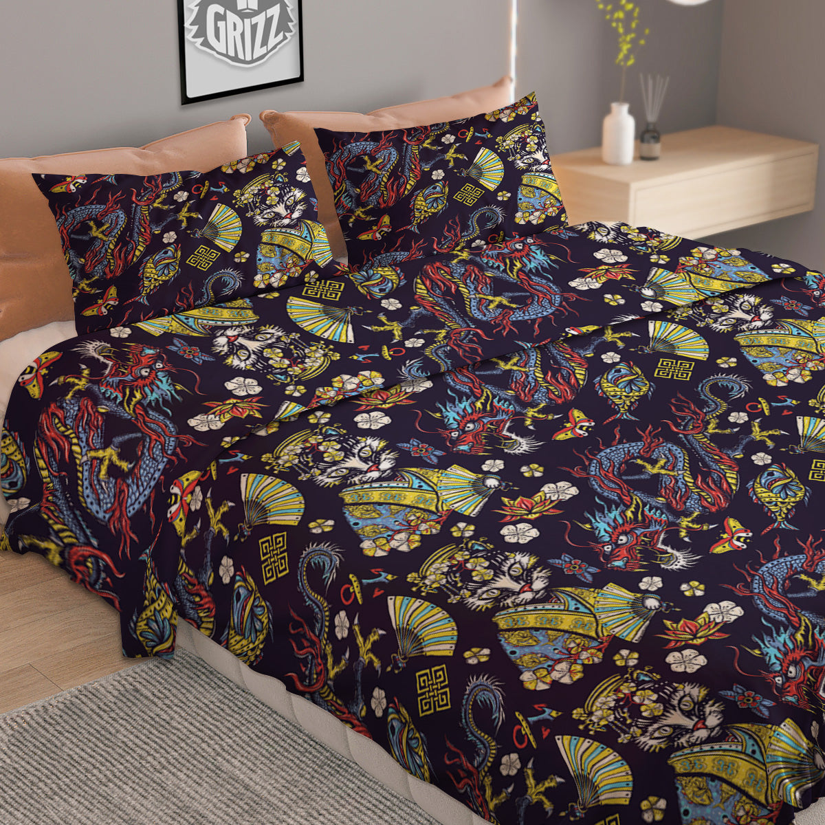 Japanese Dragons And Cat Tattoo Print Pattern Duvet Cover Bedding Set
