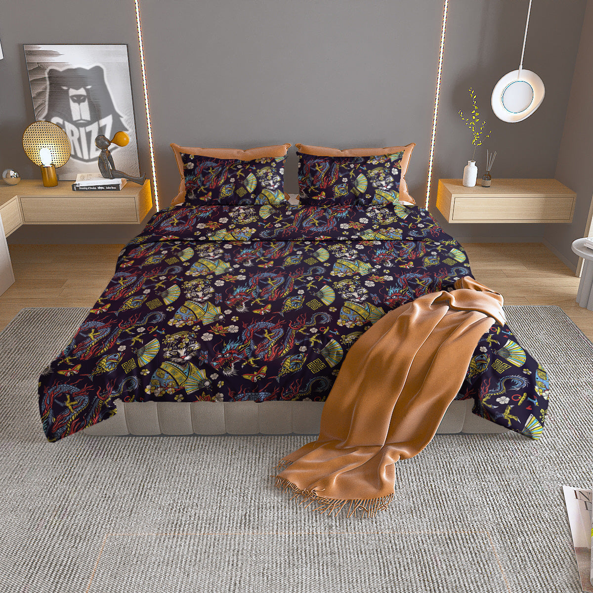 Japanese Dragons And Cat Tattoo Print Pattern Duvet Cover Bedding Set