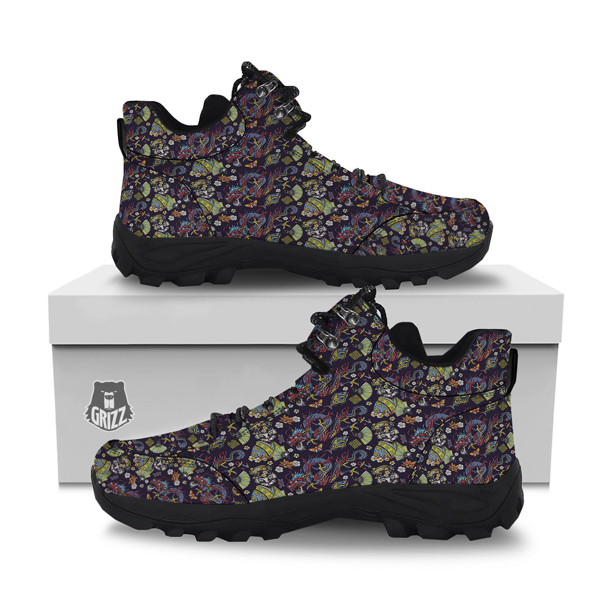 Japanese Dragons And Cat Tattoo Print Pattern Hiking Shoes-grizzshop