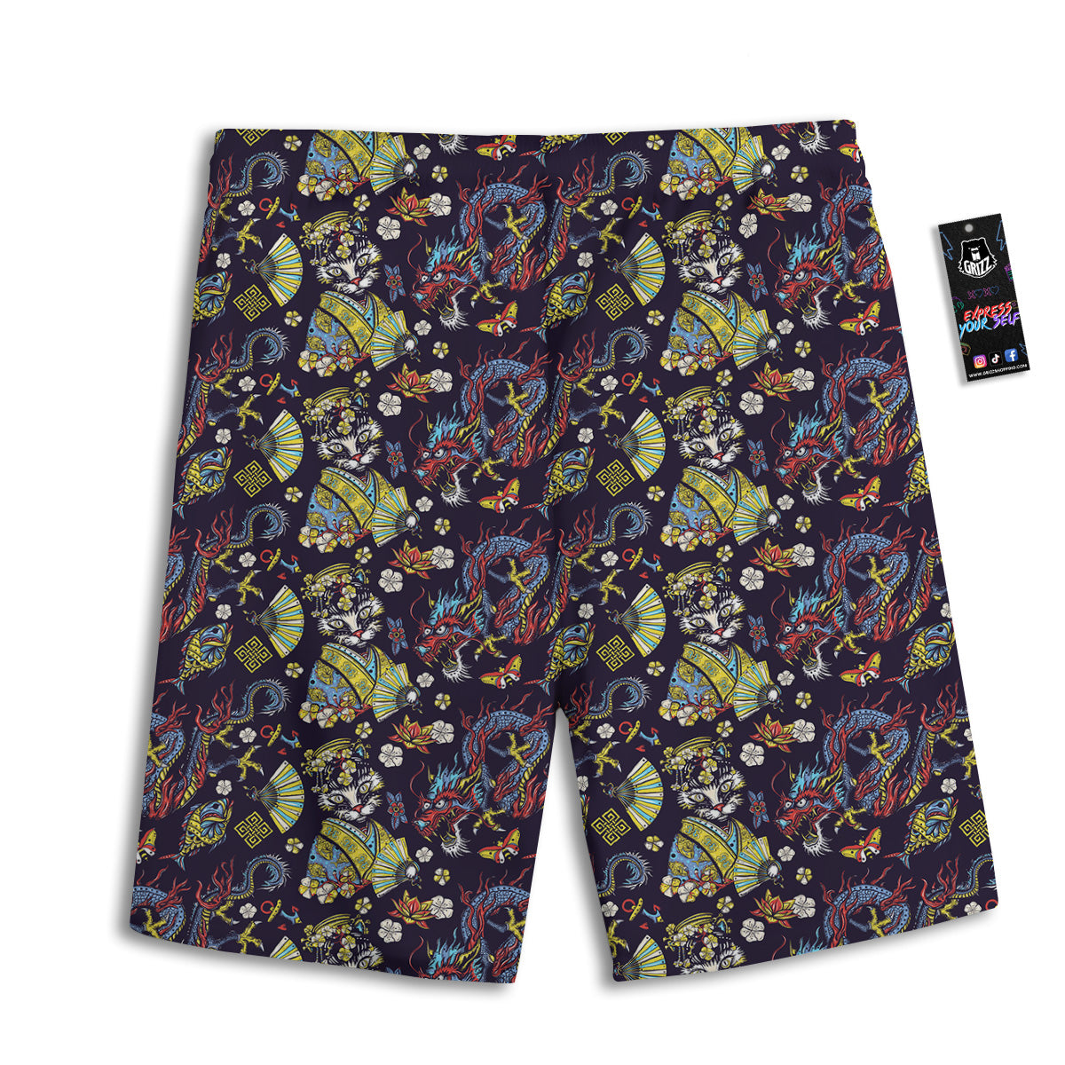 Japanese Dragons And Cat Tattoo Print Pattern Men's Athletic Shorts