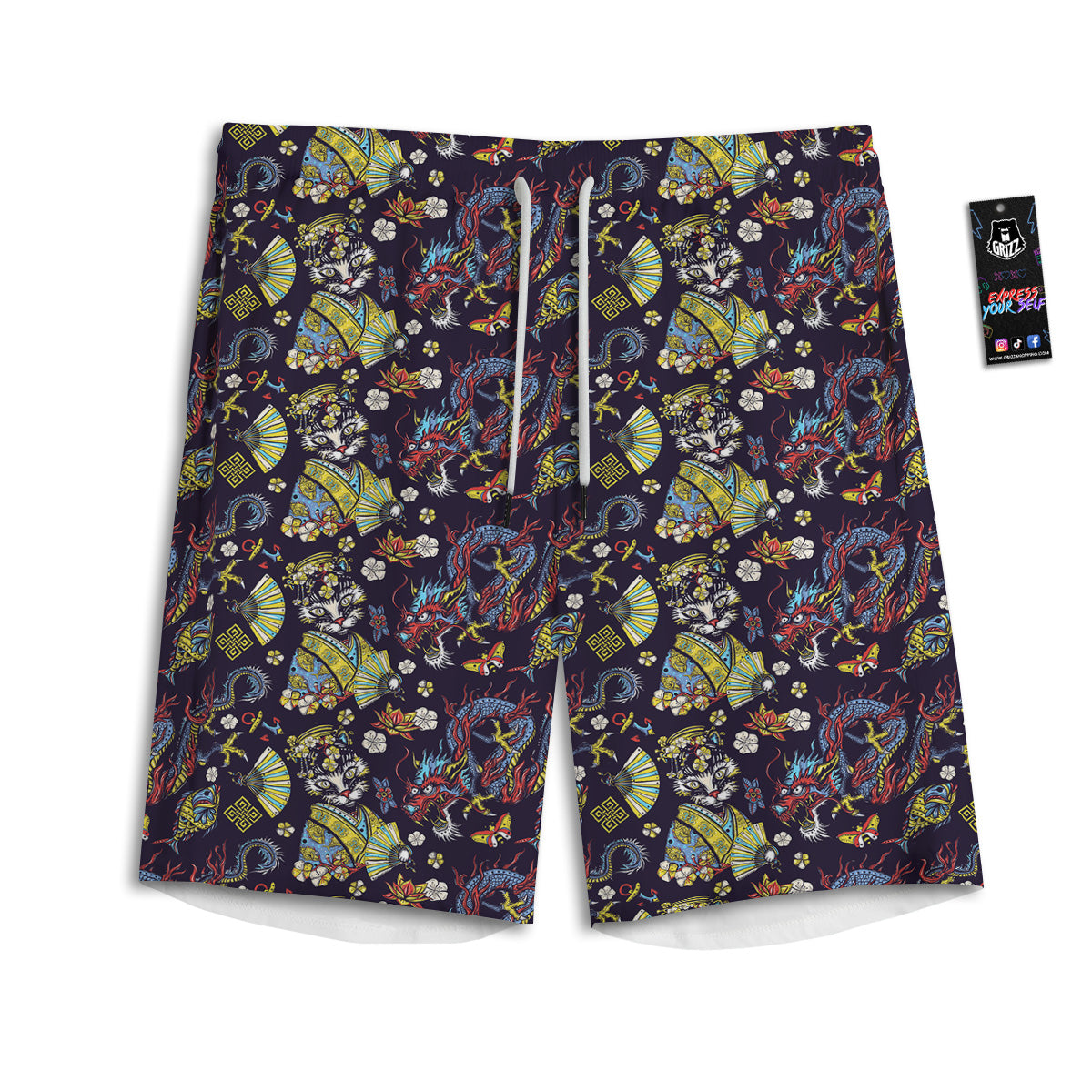 Japanese Dragons And Cat Tattoo Print Pattern Men's Athletic Shorts