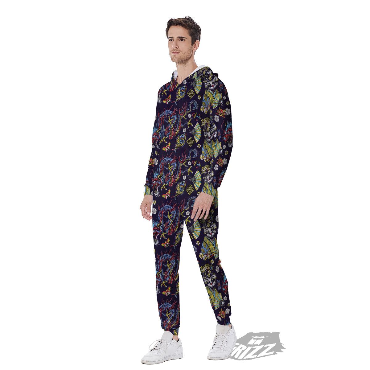 Japanese Dragons And Cat Tattoo Print Pattern Men's Jumpsuit-grizzshop