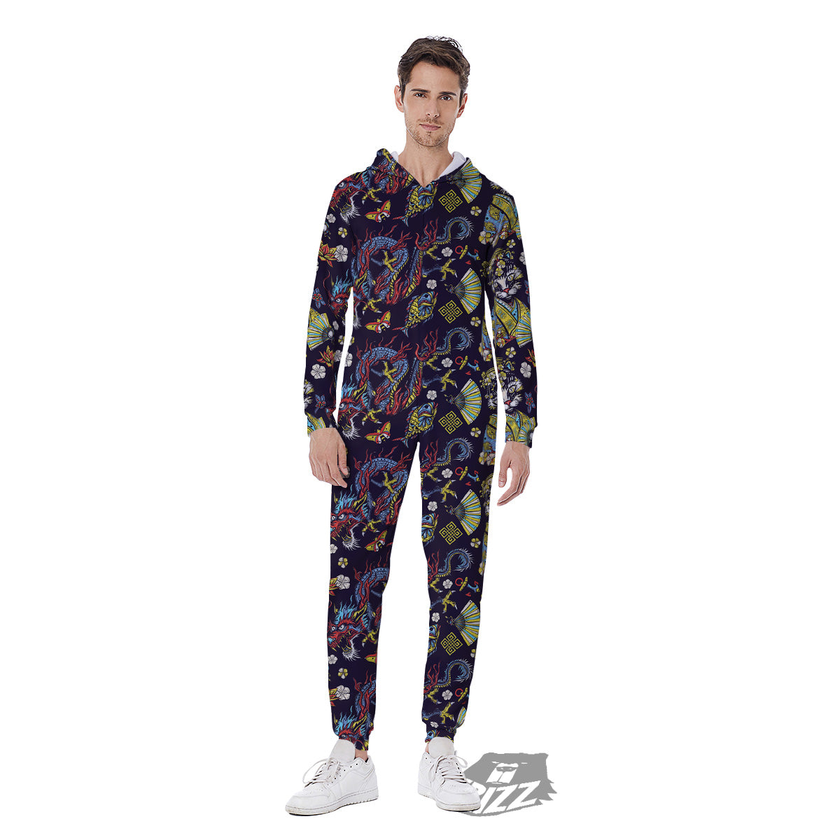 Japanese Dragons And Cat Tattoo Print Pattern Men's Jumpsuit-grizzshop