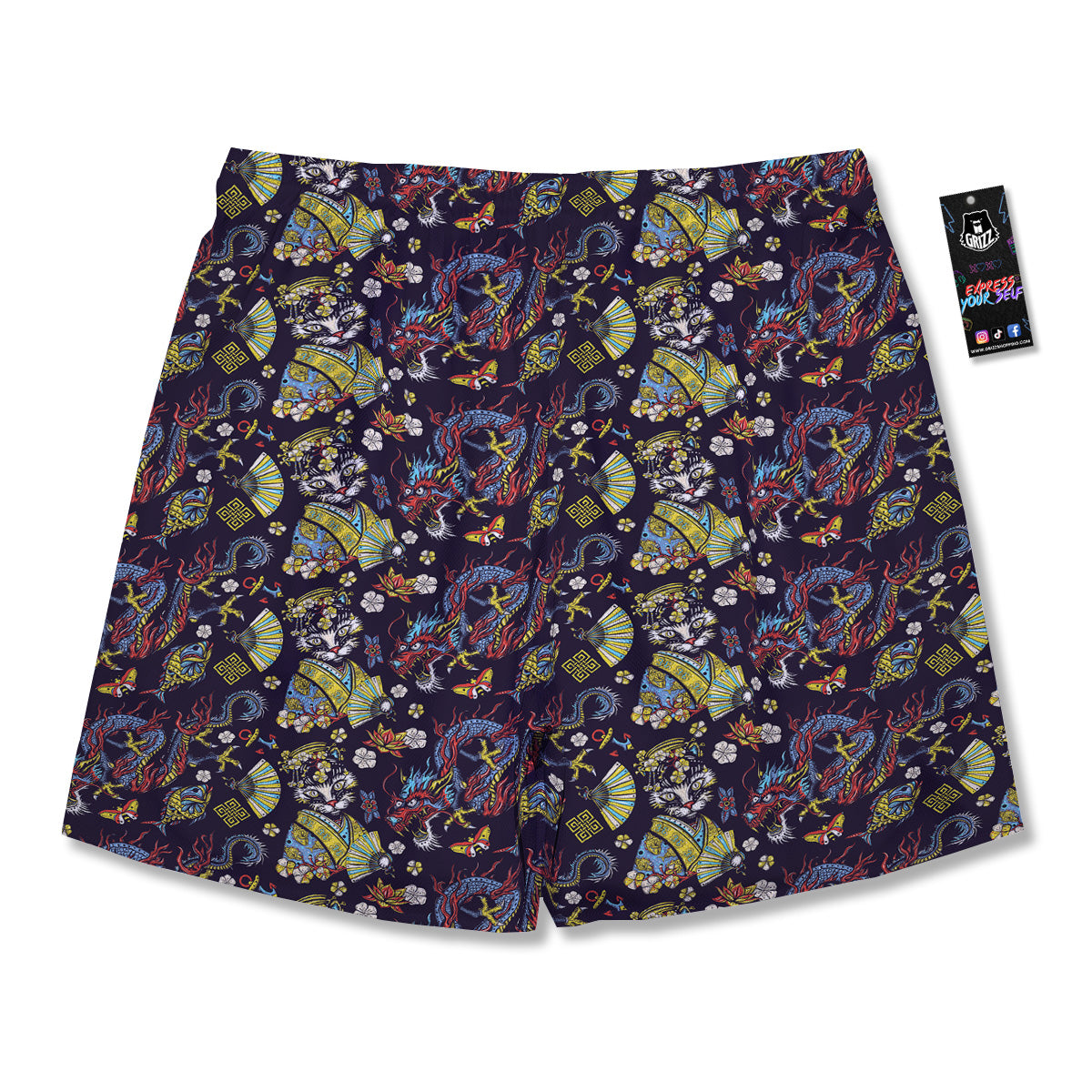 Japanese Dragons And Cat Tattoo Print Pattern Men's Running Shorts-grizzshop