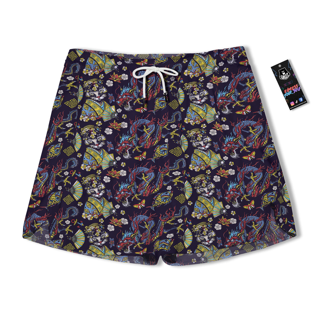 Japanese Dragons And Cat Tattoo Print Pattern Men's Running Shorts-grizzshop