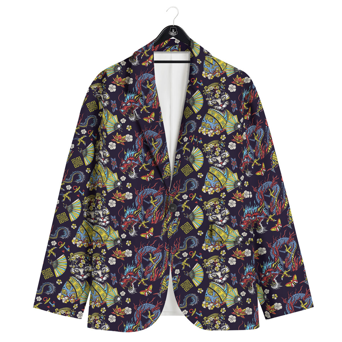 Japanese Dragons And Cat Tattoo Print Pattern Men's Sport Coat-grizzshop