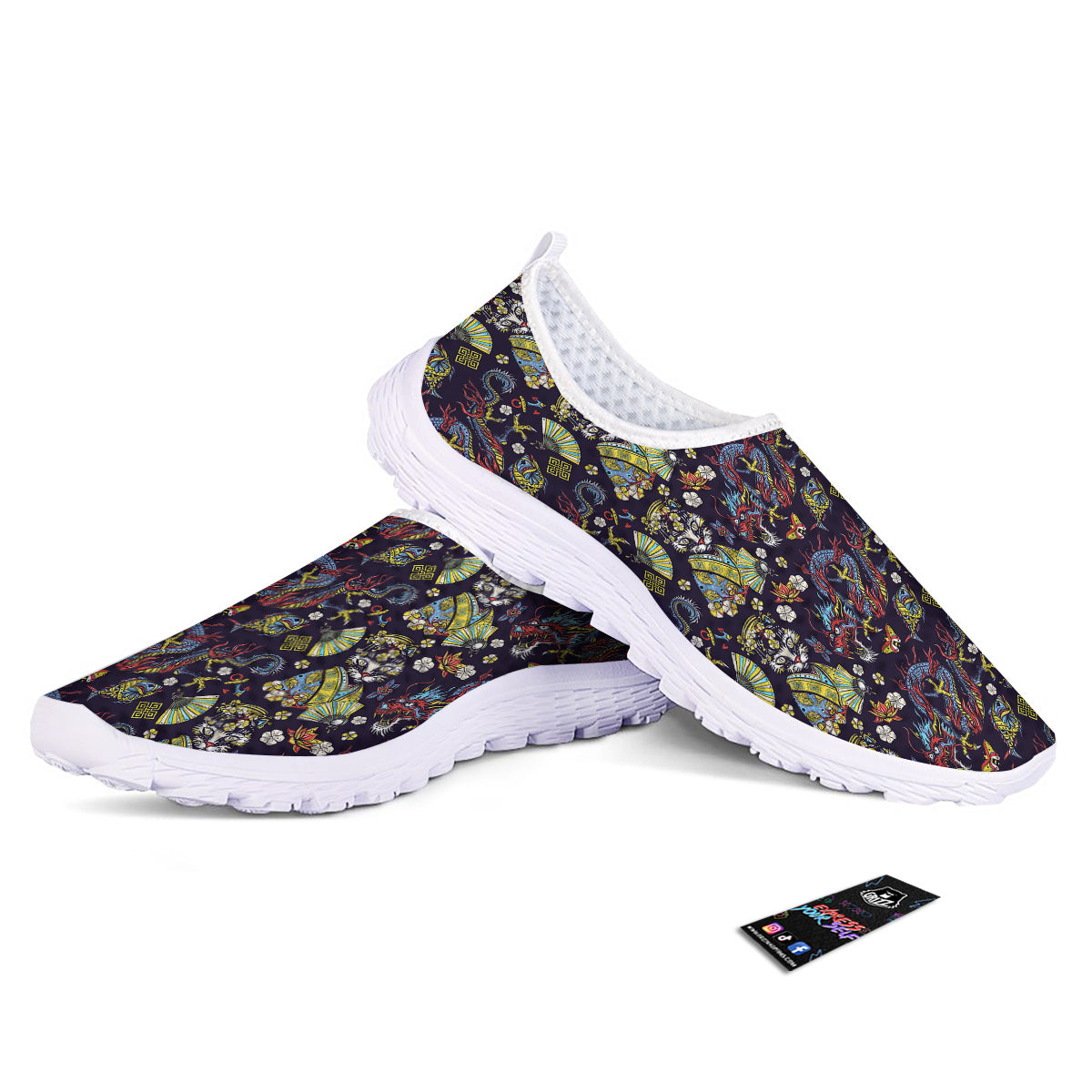 Japanese Dragons And Cat Tattoo Print Pattern Nurse Shoes-grizzshop