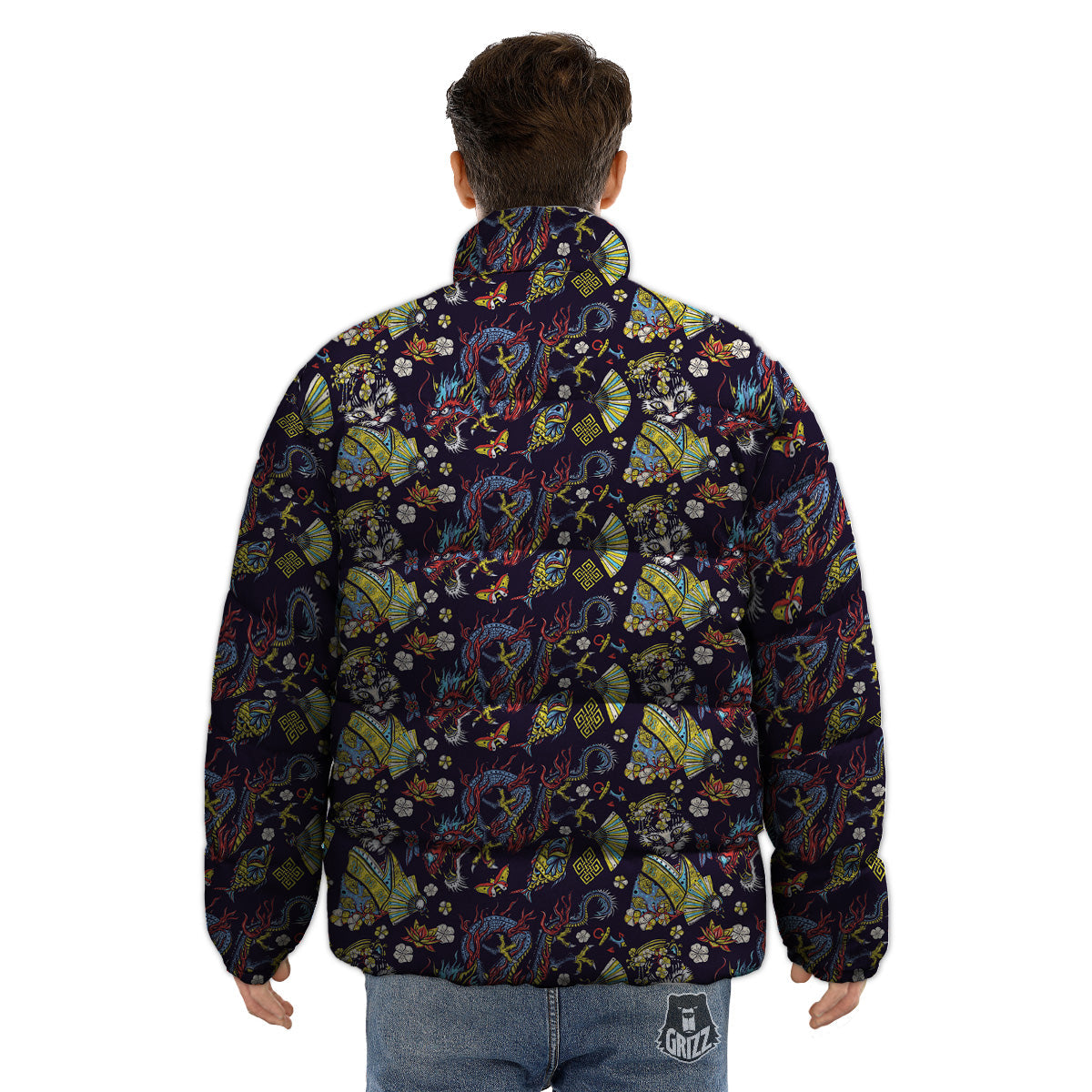 Japanese Dragons And Cat Tattoo Print Pattern Puffer Jacket-grizzshop