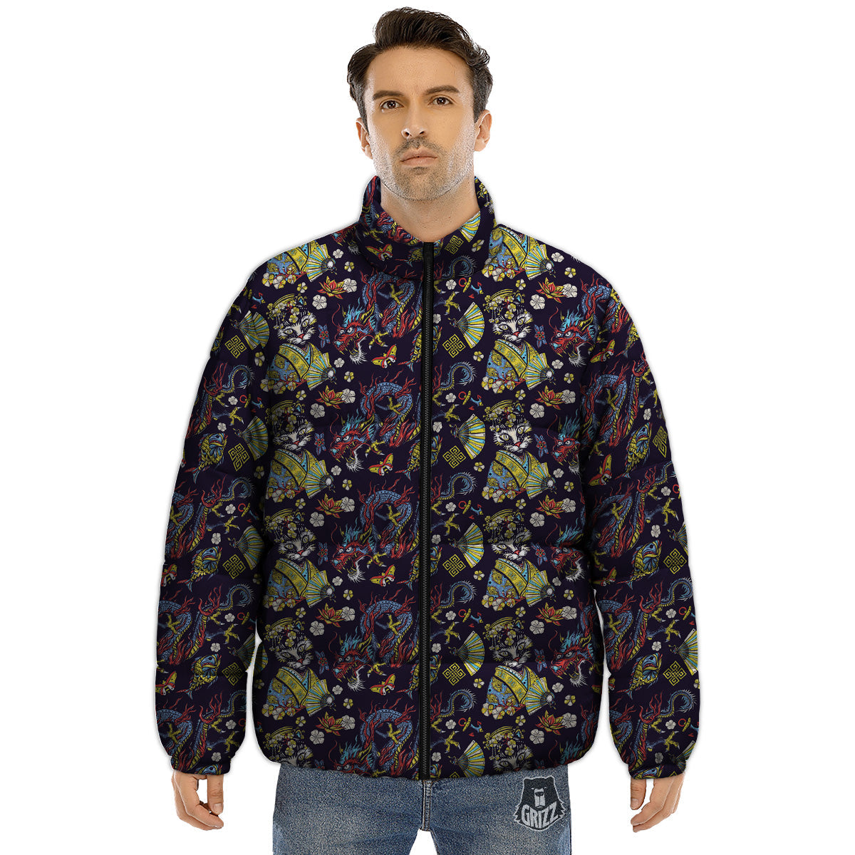 Japanese Dragons And Cat Tattoo Print Pattern Puffer Jacket-grizzshop