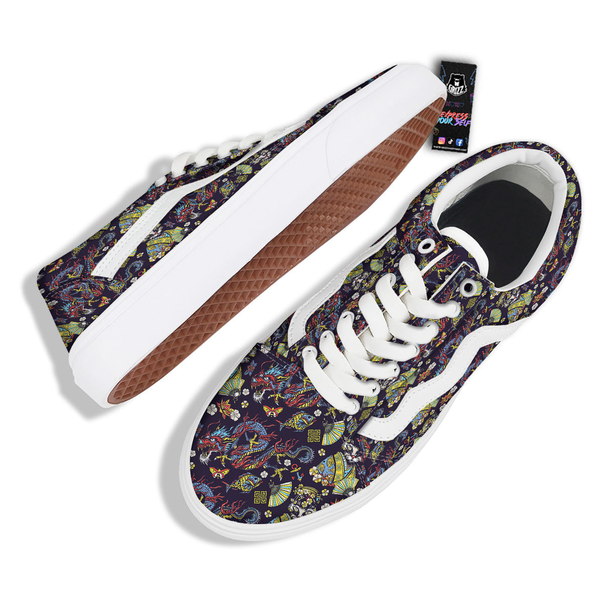 Japanese Dragons And Cat Tattoo Print Pattern Skate Shoes-grizzshop