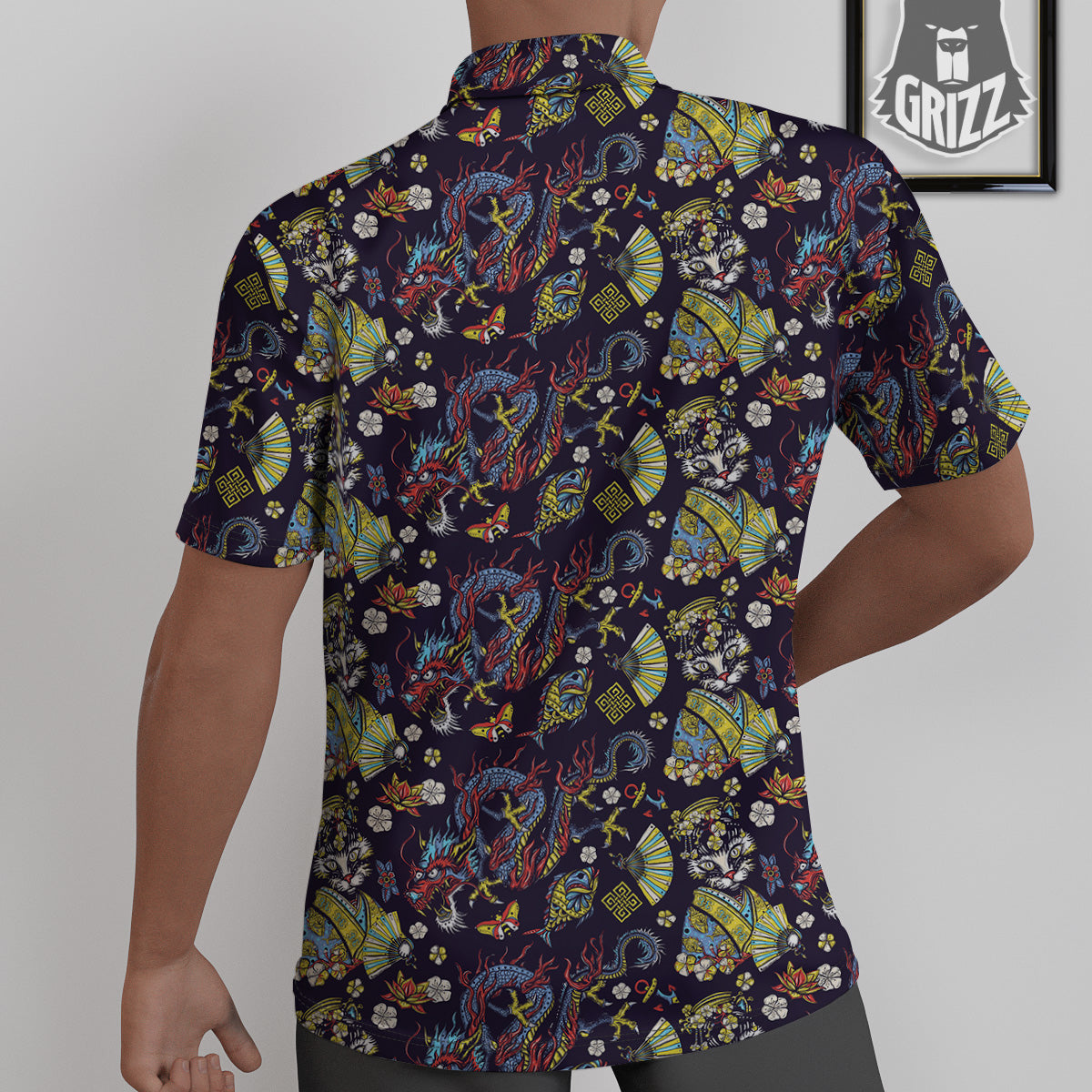 Japanese Dragons And Cat Tattoo Print Pattern Untucked Shirts-grizzshop