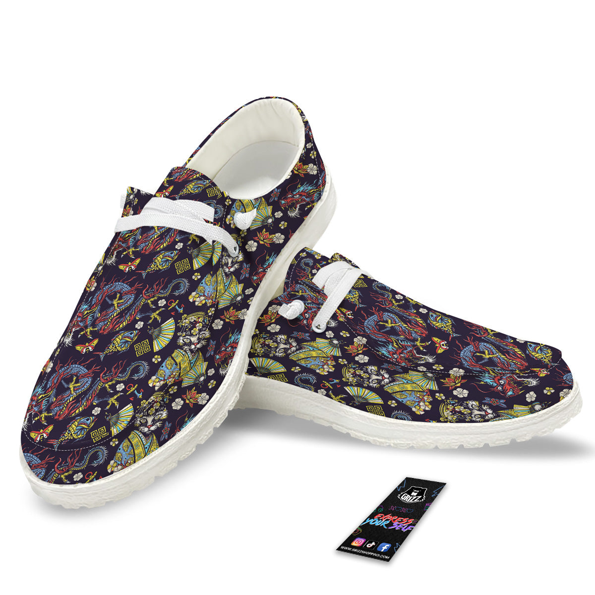 Japanese Dragons And Cat Tattoo Print Pattern White Loafers-grizzshop