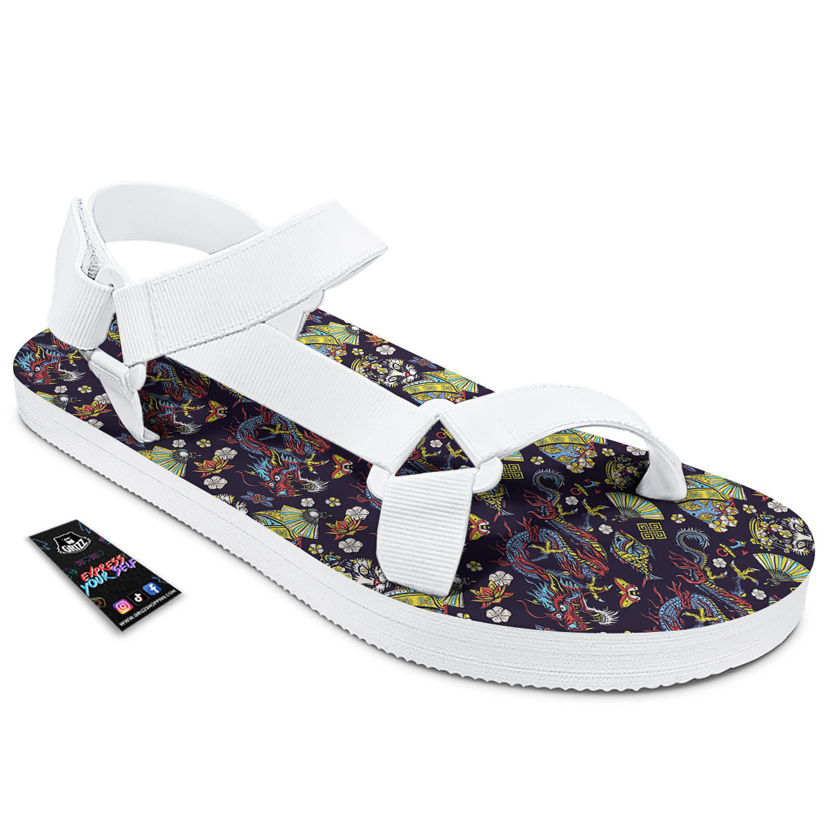 Japanese Dragons And Cat Tattoo Print Pattern White Open Toe Sandals-grizzshop