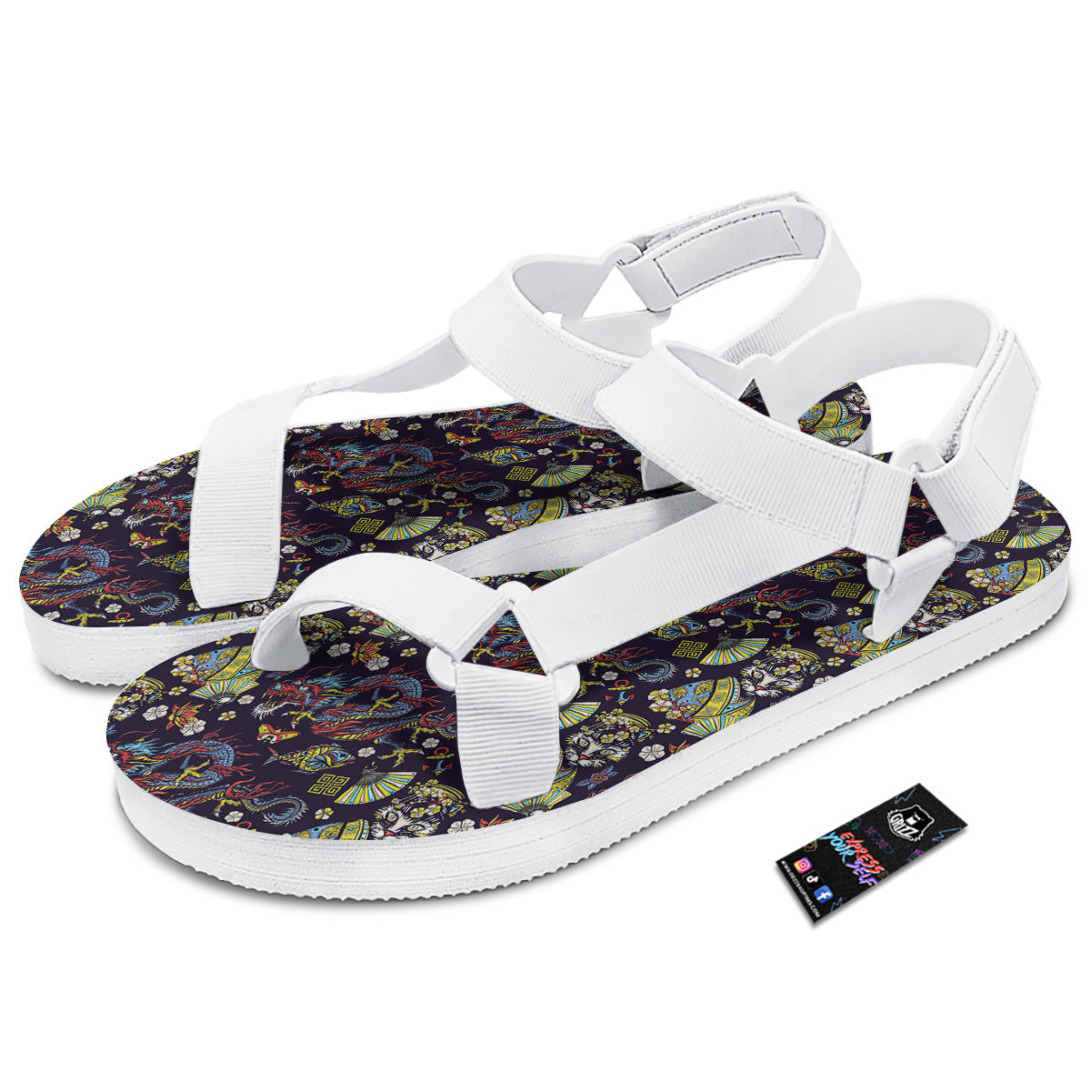Japanese Dragons And Cat Tattoo Print Pattern White Open Toe Sandals-grizzshop