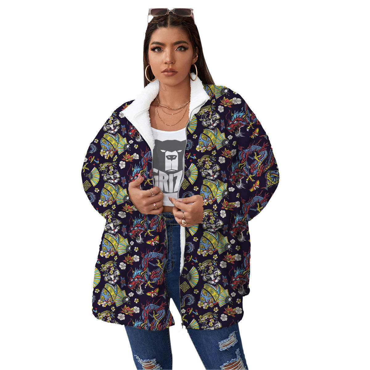 Japanese Dragons And Cat Tattoo Print Pattern Women's Sherpa Jacket-grizzshop