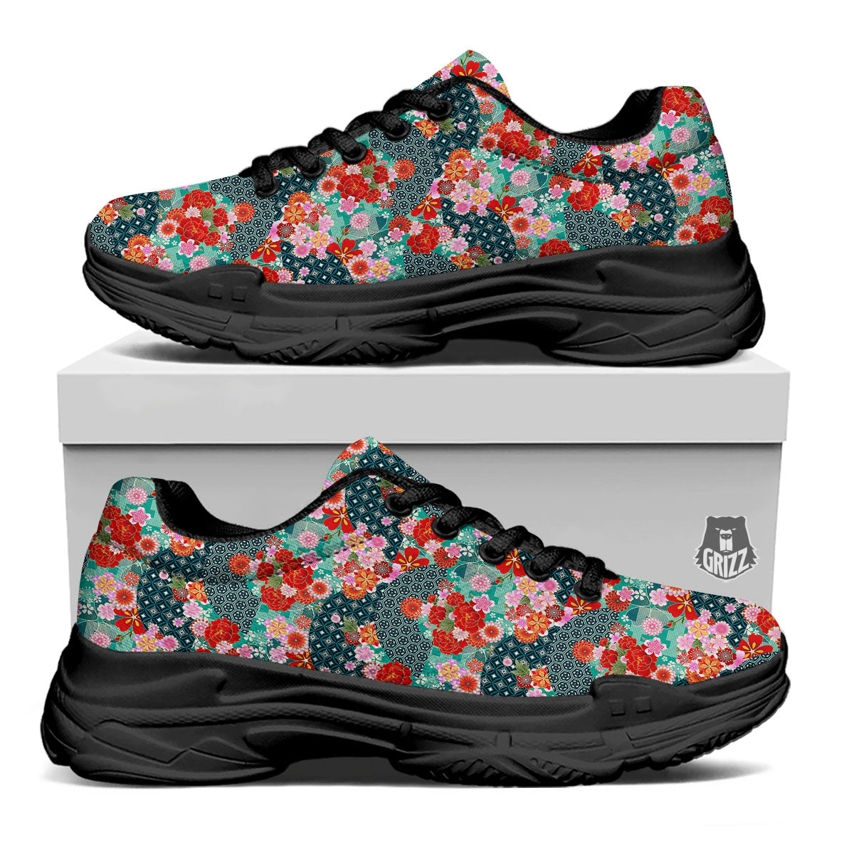 Japanese Flower Colorful Print Pattern Colorful Black Chunky Shoes-grizzshop