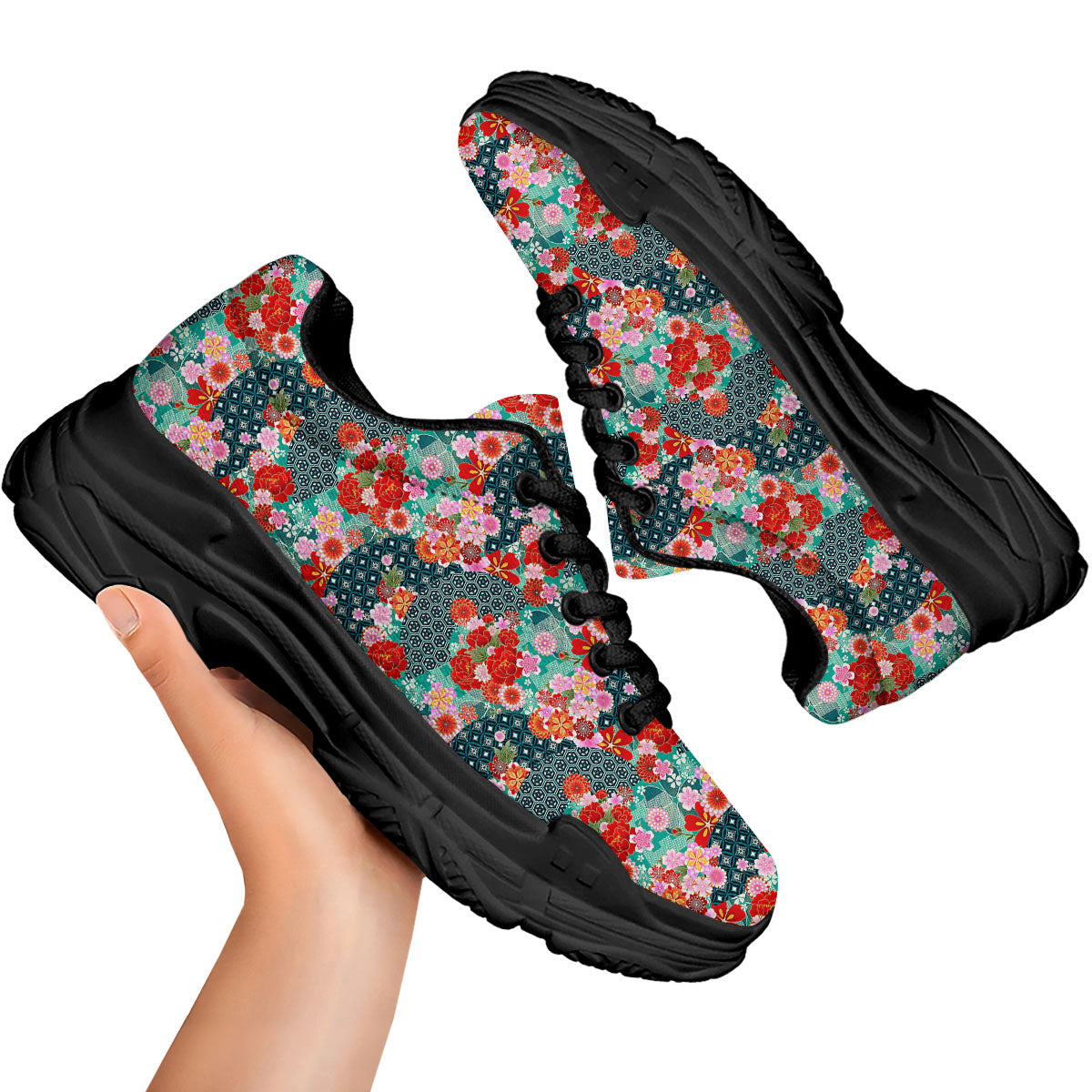Japanese Flower Colorful Print Pattern Colorful Black Chunky Shoes-grizzshop