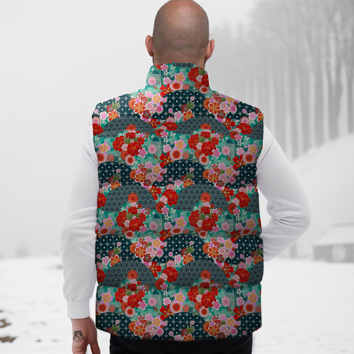 Japanese Flower Colorful Print Pattern Colorful Down Vest