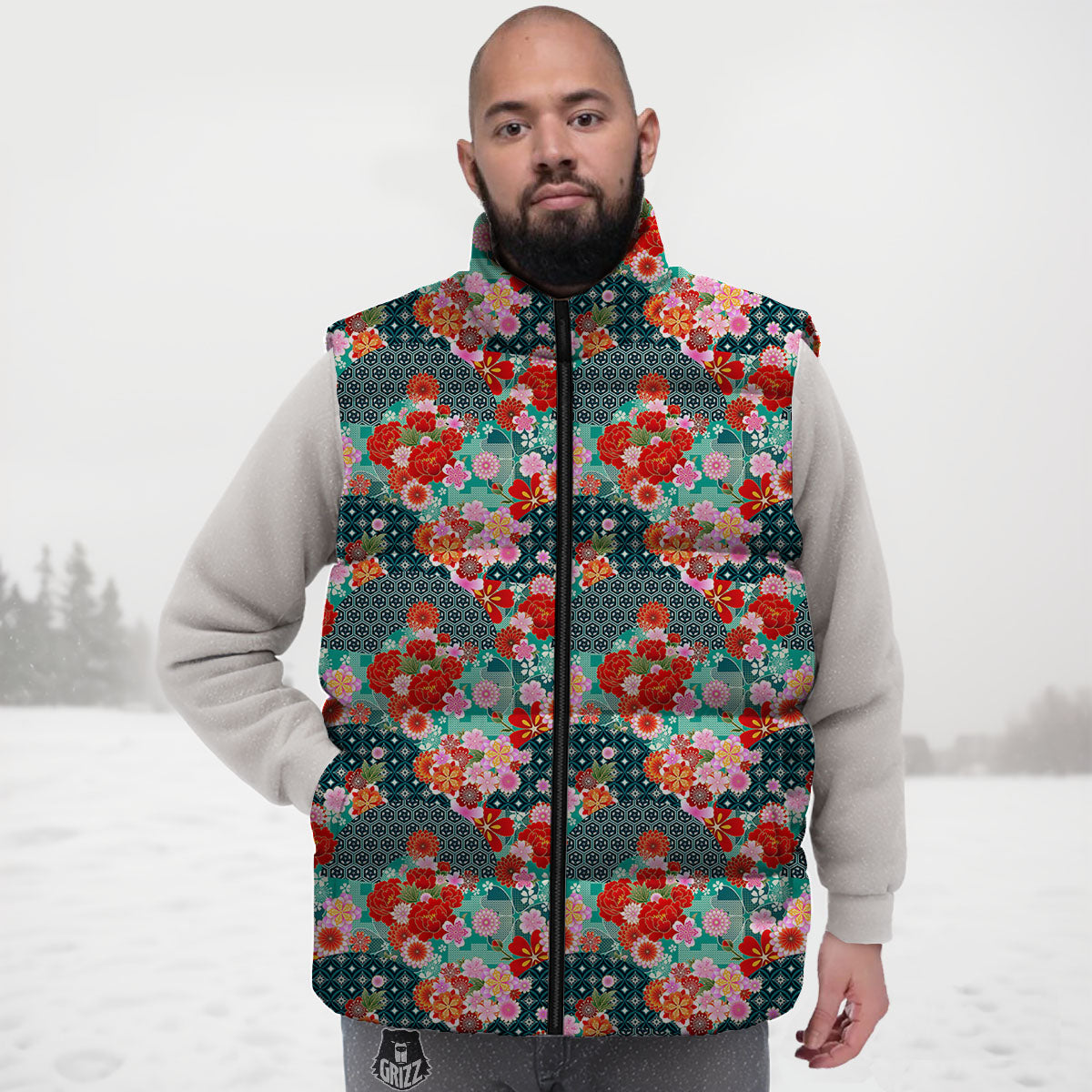 Japanese Flower Colorful Print Pattern Colorful Down Vest