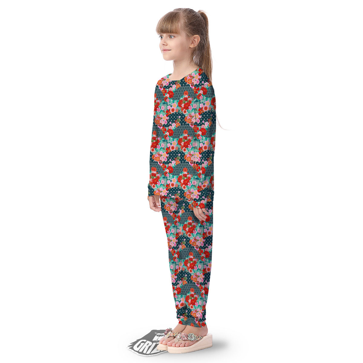 Japanese Flower Colorful Print Pattern Colorful Kid's Pajamas-grizzshop