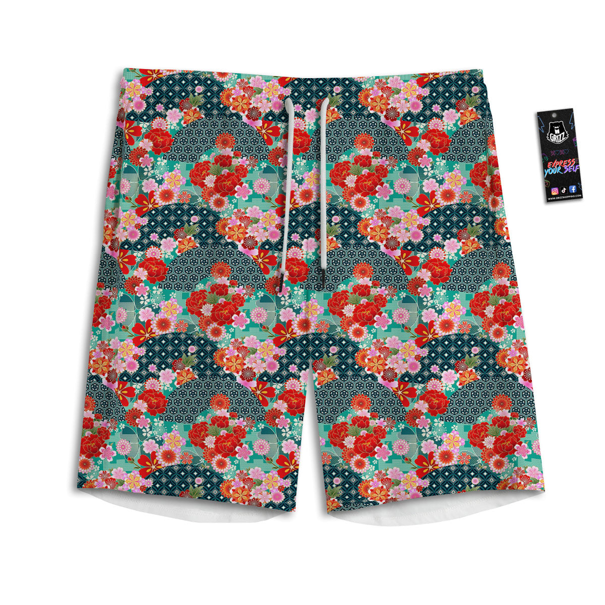 Japanese Flower Colorful Print Pattern Colorful Men's Athletic Shorts