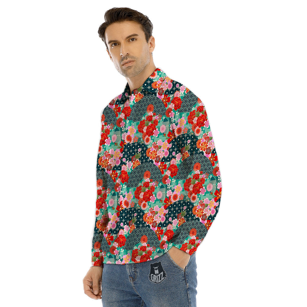 Japanese Flower Colorful Print Pattern Colorful Men's Dress Shirts-grizzshop