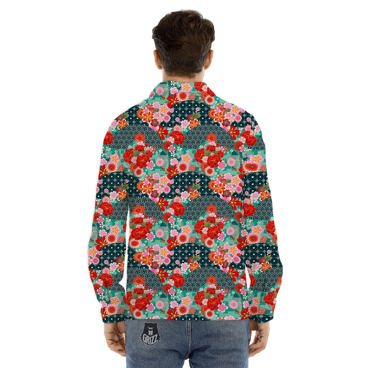 Japanese Flower Colorful Print Pattern Colorful Men's Dress Shirts-grizzshop