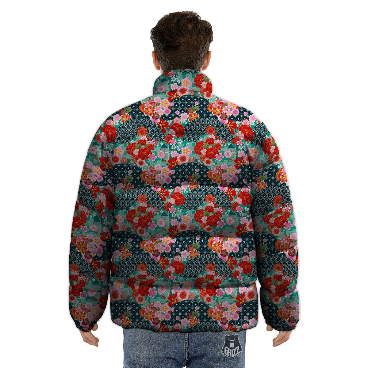 Japanese Flower Colorful Print Pattern Colorful Puffer Jacket-grizzshop