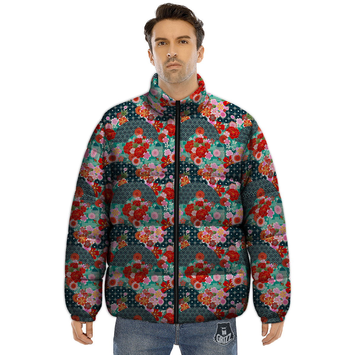 Japanese Flower Colorful Print Pattern Colorful Puffer Jacket-grizzshop