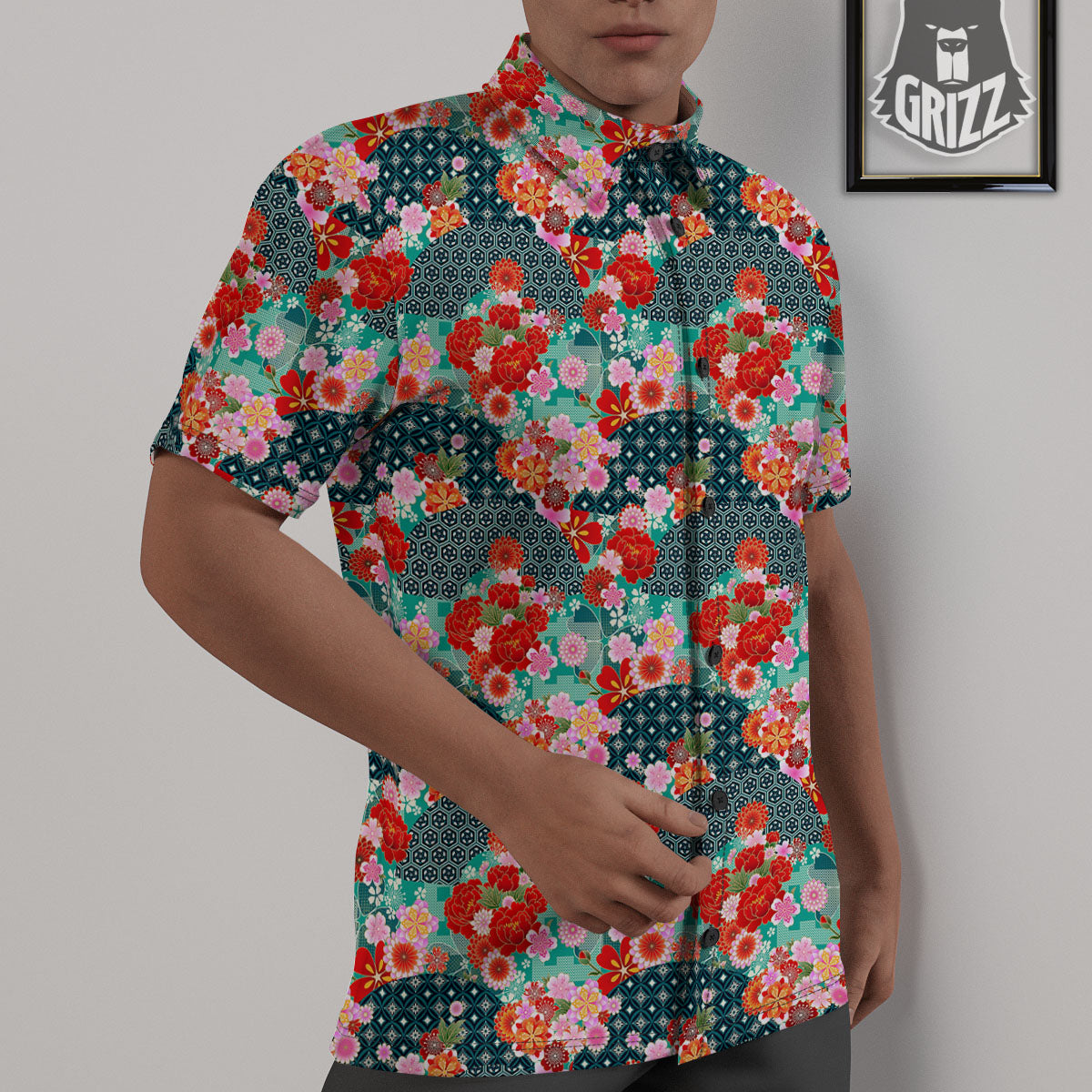 Japanese Flower Colorful Print Pattern Colorful Untucked Shirts-grizzshop