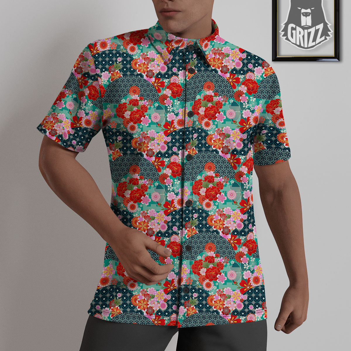 Japanese Flower Colorful Print Pattern Colorful Untucked Shirts-grizzshop